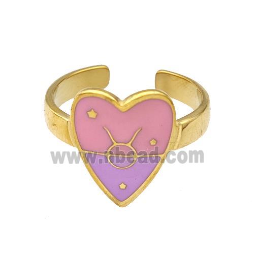 Stainless Steel Heart Rings Zodiac Taurus Pink Enamel Gold Plated