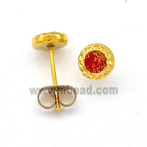 Stainless Steel Stud Earring Pave Red Fire Opal Gold Plated