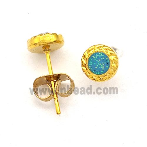 Stainless Steel Stud Earring Aqua Pave Fire Opal Gold Plated