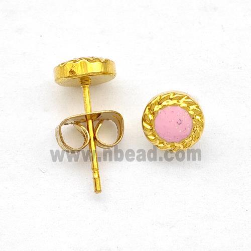 Stainless Steel Stud Earring Pave Pink Fire Opal Gold Plated
