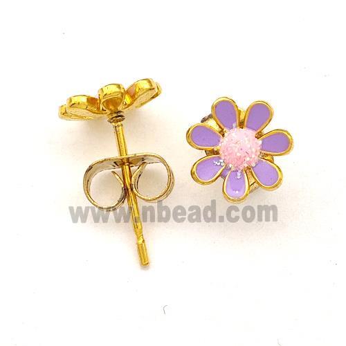 Stainless Steel Daisy Flower Stud Earring Pave Fire Opal Purple Enamel Gold Plated