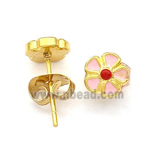 Stainless Steel Flower Stud Earring Pink Enamel Gold Plated