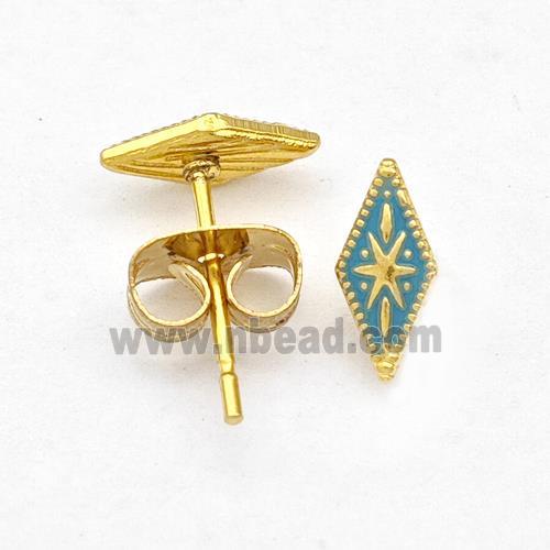 Stainless Steel Compass Stud Earring Green Enamel Gold Plated