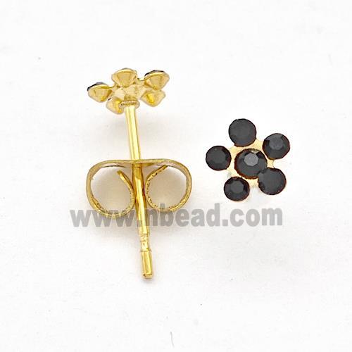 Stainless Steel Flower Stud Earring Pave Black Rhinestone Gold Plated
