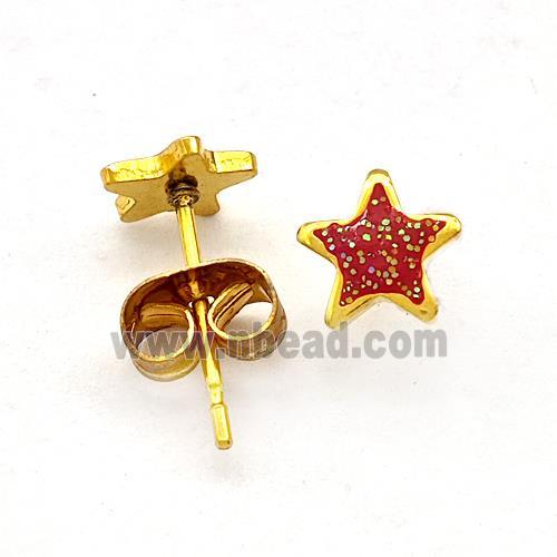 Stainless Steel Star Stud Earring Pave Red Fire Opal Gold Plated