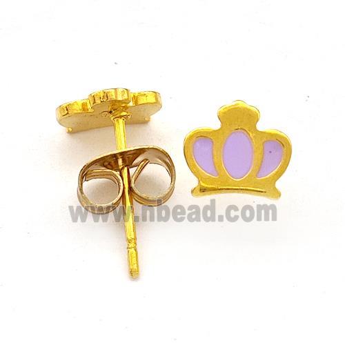 Stainless Steel Crown Stud Earring Lavender Enamel Gold Plated