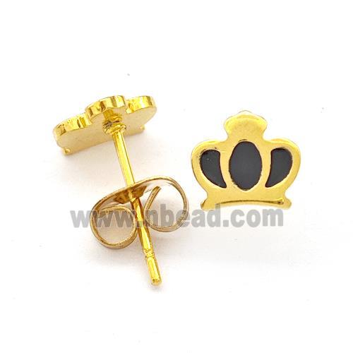 Stainless Steel Crown Stud Earring Black Enamel Gold Plated