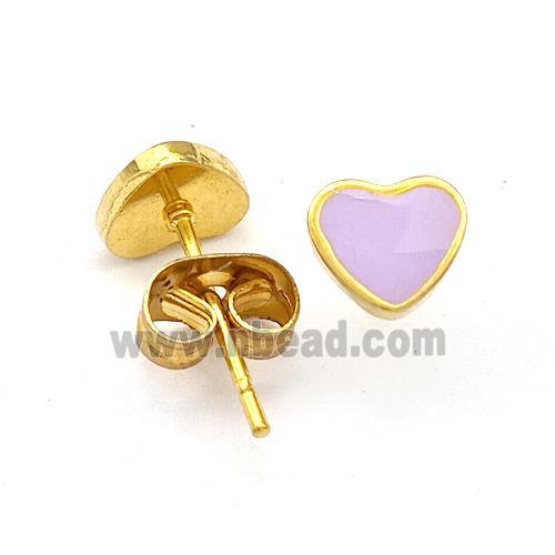 Stainless Steel Heart Stud Earring Lavender Enamel Gold Plated