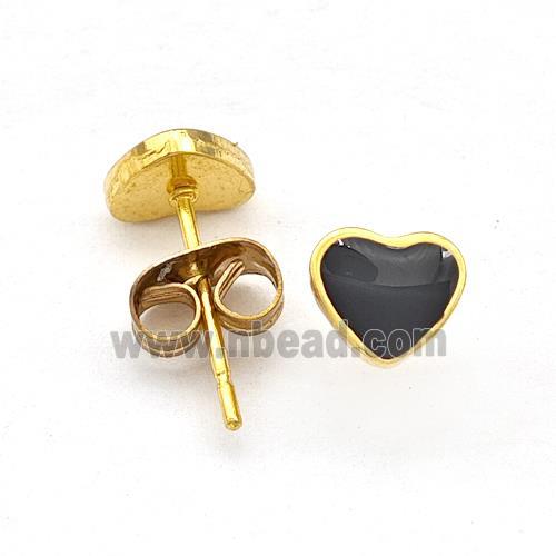 Stainless Steel Heart Stud Earring Black Enamel Gold Plated