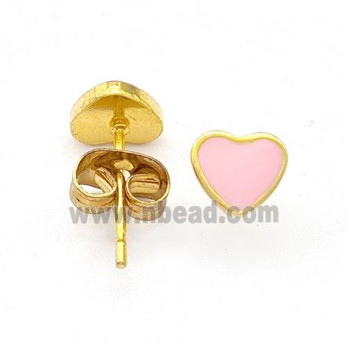 Stainless Steel Heart Stud Earring Pink Enamel Gold Plated