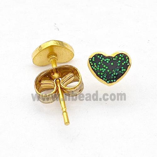 Stainless Steel Heart Stud Earring Pave Darkgreen Fire Opal Gold Plated
