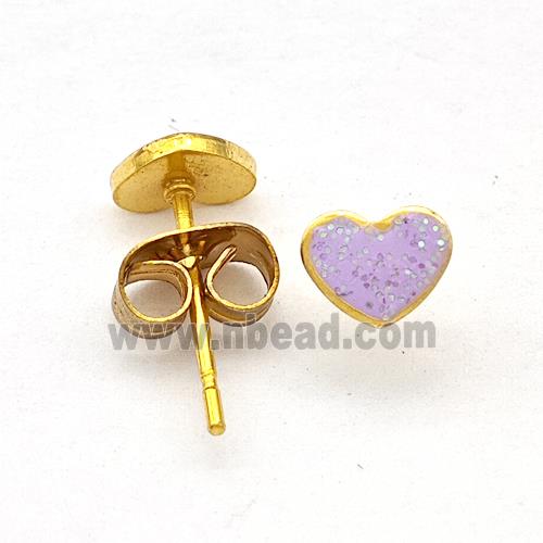 Stainless Steel Heart Stud Earring Pave Lavender Fire Opal Gold Plated