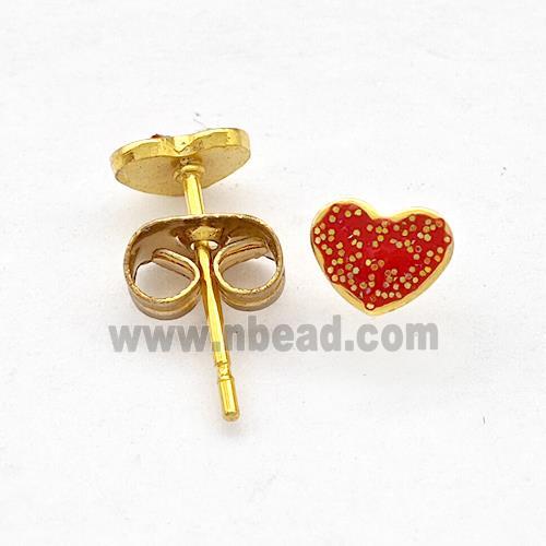 Stainless Steel Heart Stud Earring Pave Red Fire Opal Gold Plated