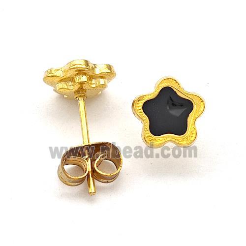 Stainless Steel Flower Stud Earring Black Enamel Gold Plated