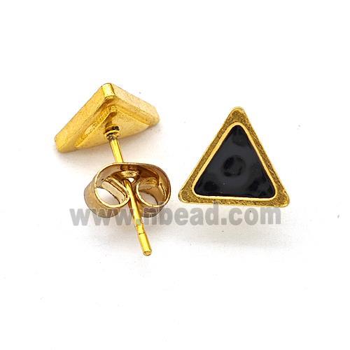 Stainless Steel Triangle Stud Earring Black Enamel Gold Plated