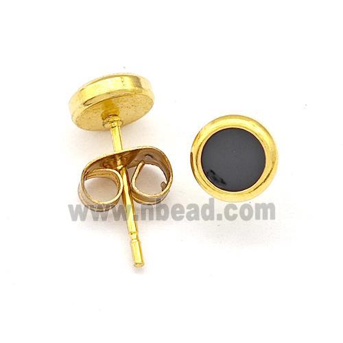 Stainless Steel Circle Stud Earring Black Enamel Gold Plated