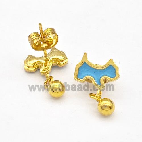 Stainless Steel Dog Stud Earring Teal Enamel Gold Plated