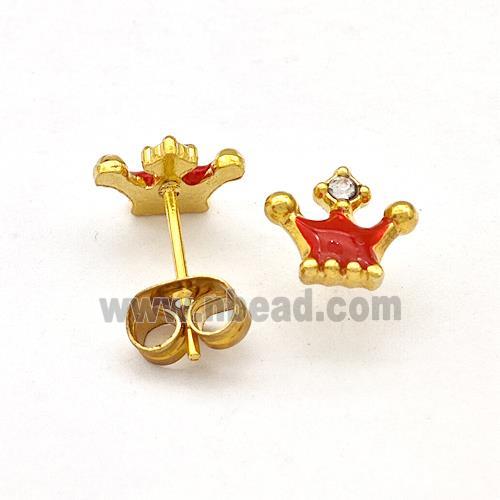 Stainless Steel Crown Stud Earring Red Enamel Gold Plated