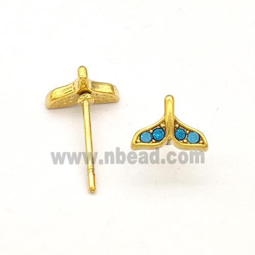 Stainless Steel Stud Earring Pave Blue Rhinestone Shark-tail Gold Plated