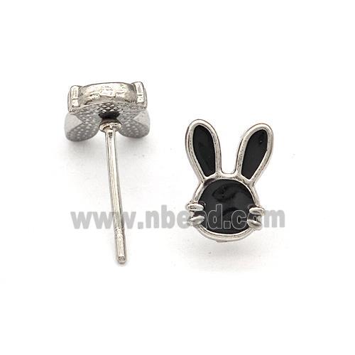 Raw Stainless Steel Rabbit Stud Earring Black Enamel