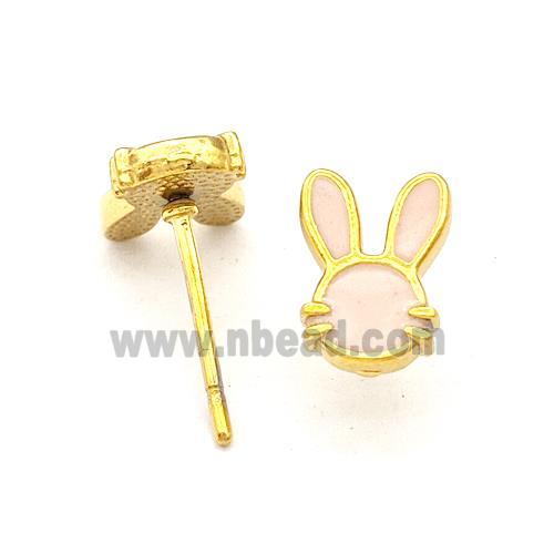 Stainless Steel Rabbit Stud Earring Pink Enamel Gold Plated