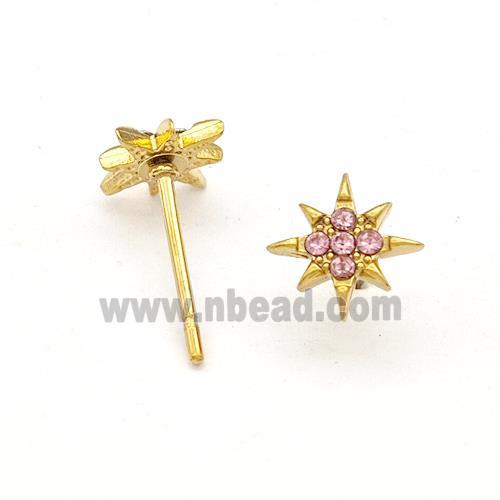 Stainless Steel NorthStar Stud Earring Pave Pink Rhinestone Gold Plated