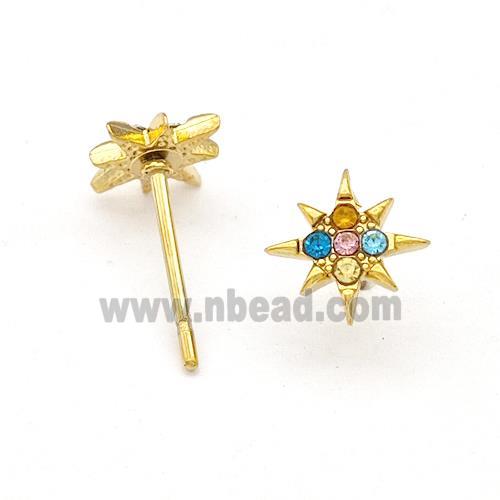 Stainless Steel NorthStar Stud Earring Pave Multicolor Rhinestone Gold Plated