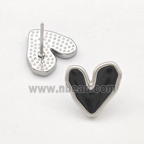 Raw Stainless Steel Heart Stud Earring Black Enamel
