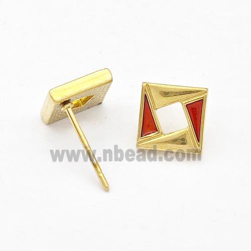Stainless Steel Square Stud Earring Red Enamel Gold Plated