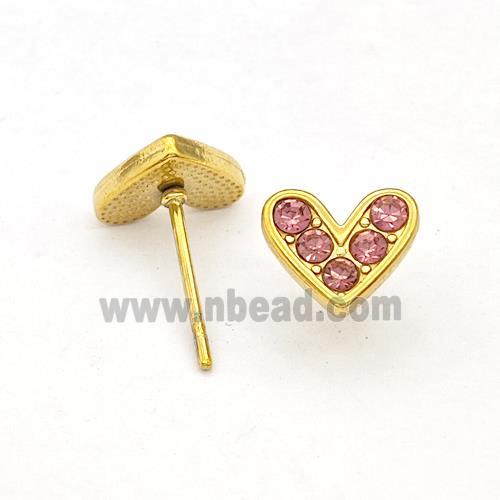 Stainless Steel Hear Stud Earrings Pave Pink Rhinestone Gold Plated