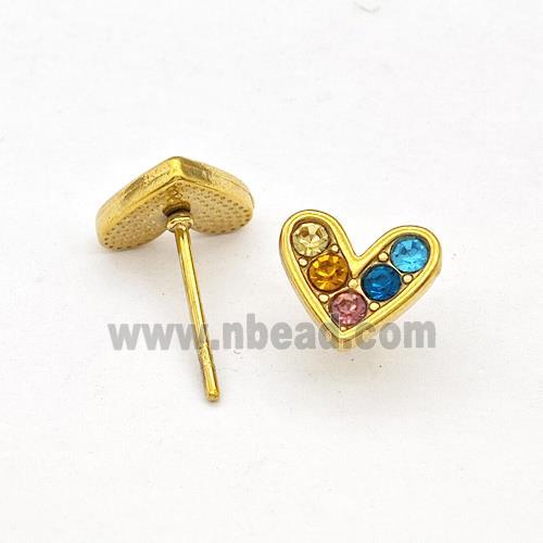 Stainless Steel Hear Stud Earrings Pave Multicolor Rhinestone Gold Plated
