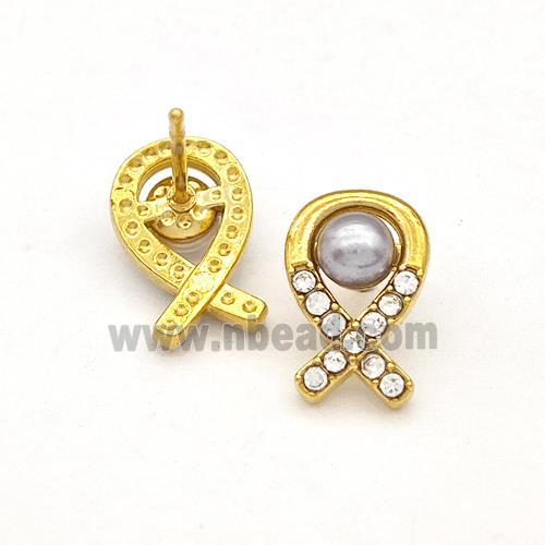 Stainless Steel Stud Earring Pave Rhinestone Pearlized Resin Awareness Ribbons Gold Plated