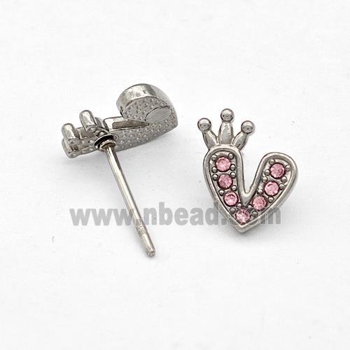 Raw Stainless Steel Heart Stud Earrings Pave Pink Rhinestone Crown
