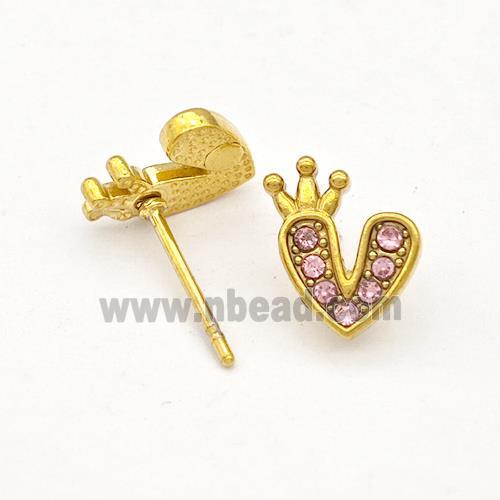 Stainless Steel Heart Stud Earrings Pave Pink Rhinestone Crown Gold Plated