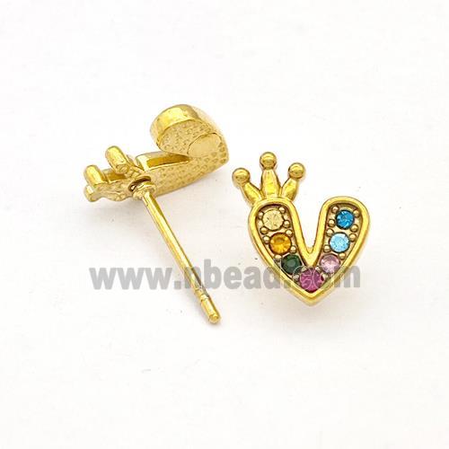 Stainless Steel Heart Stud Earrings Pave Rhinestone Crown Gold Plated