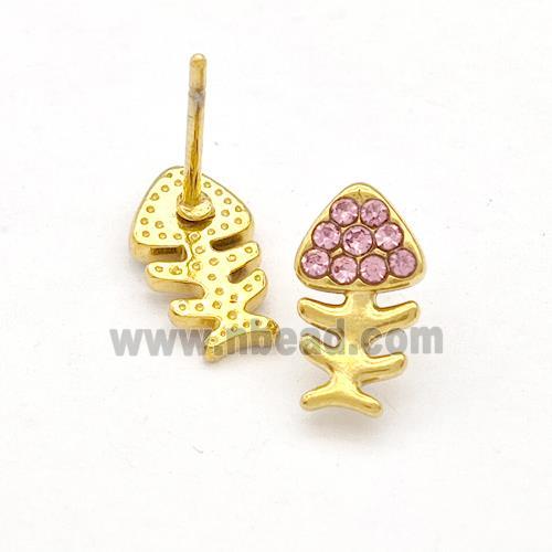 Stainless Steel Fishbone Stud Earrings Pave Pink Rhinestone Gold Plated