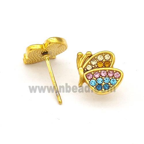 Stainless Steel Butterfly Stud Earrings Pave Rhinestone Gold Plated