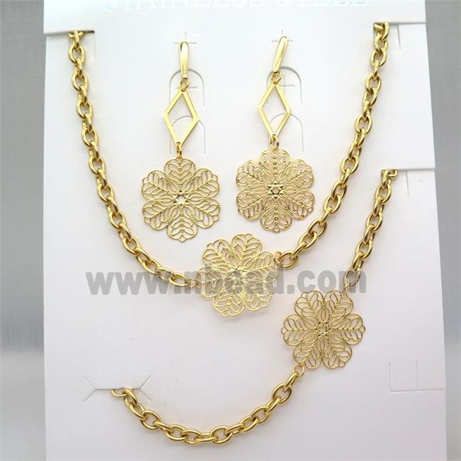 stainless steel necklace, bracelet and earring, gold plated