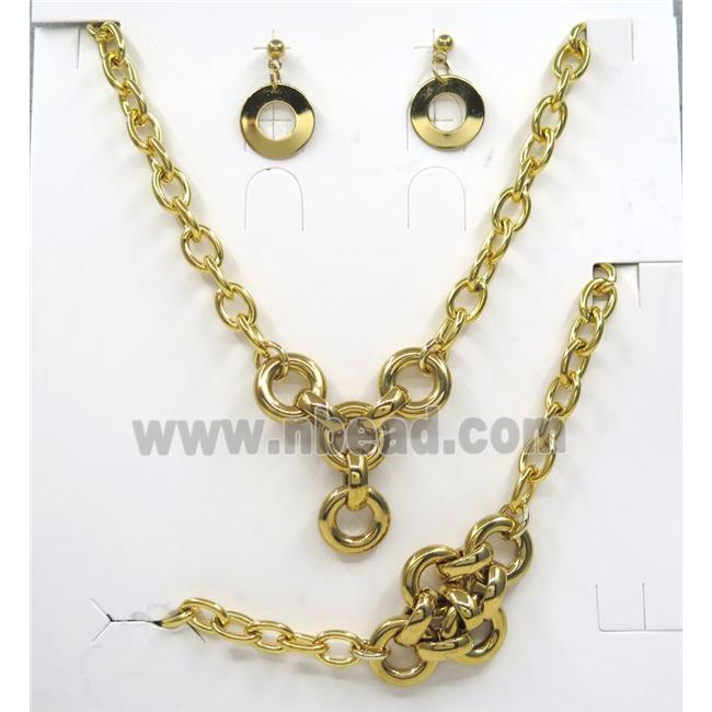 stainless steel necklace and earrings, bracelet, gold plated