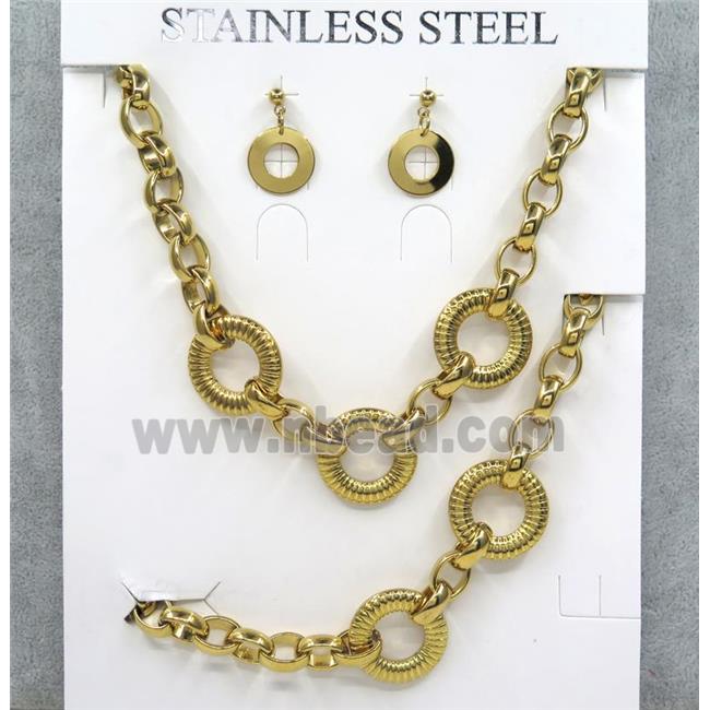 stainless steel necklace and earrings, bracelet, gold plated