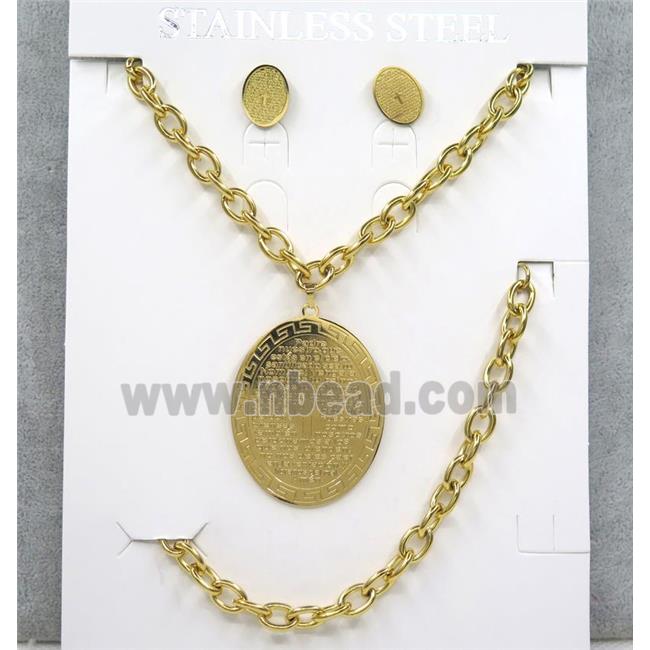 stainless steel necklace and earring, bracelet, gold plated