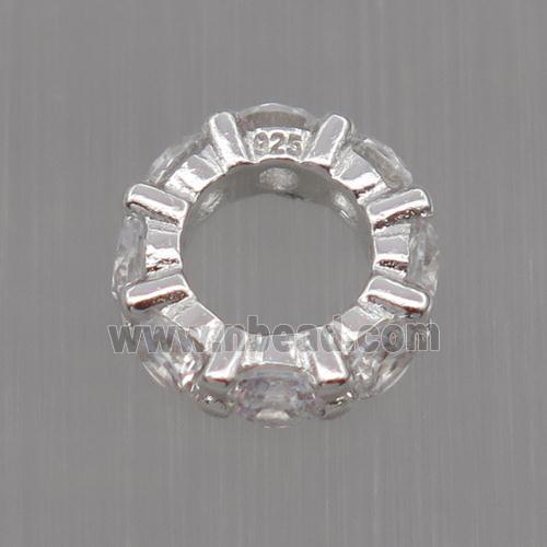 Sterling Silver beads paved zircon, rondelle, platinum plated