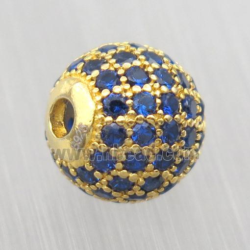 round Sterling Silver beads paved blue zircon, gold plated