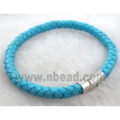 Leather Bracelet, magnetic clasp, blue