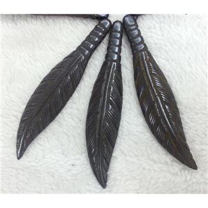 antique cattle bone feather pendant, black, approx 18x110mm