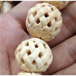 round antique cattle bone bead, yellow, approx 22mm dia