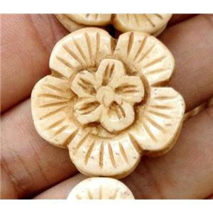 antique cattle bone beads, flower, yellow, approx 30mm dia