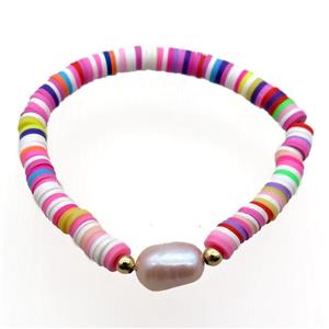 Polymer Clay Bracelet with Pearl, stretchy, approx 6mm dia