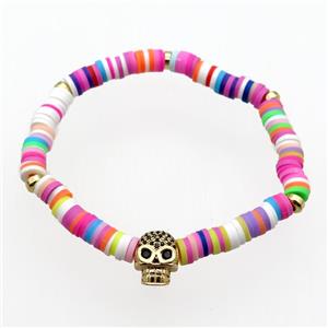 Polymer Clay Bracelet with Skull charm, stretchy, approx 6mm dia