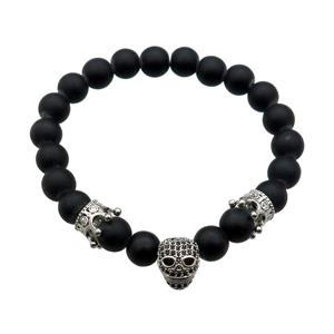 black matte Onyx Agate Bracelet with skull, stretchy, approx 8mm dia